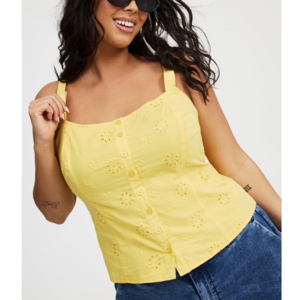 Torrid - Cotton Eyelet Yellow Sleeveless Smocked Cotton Tank Cami Top - 3X